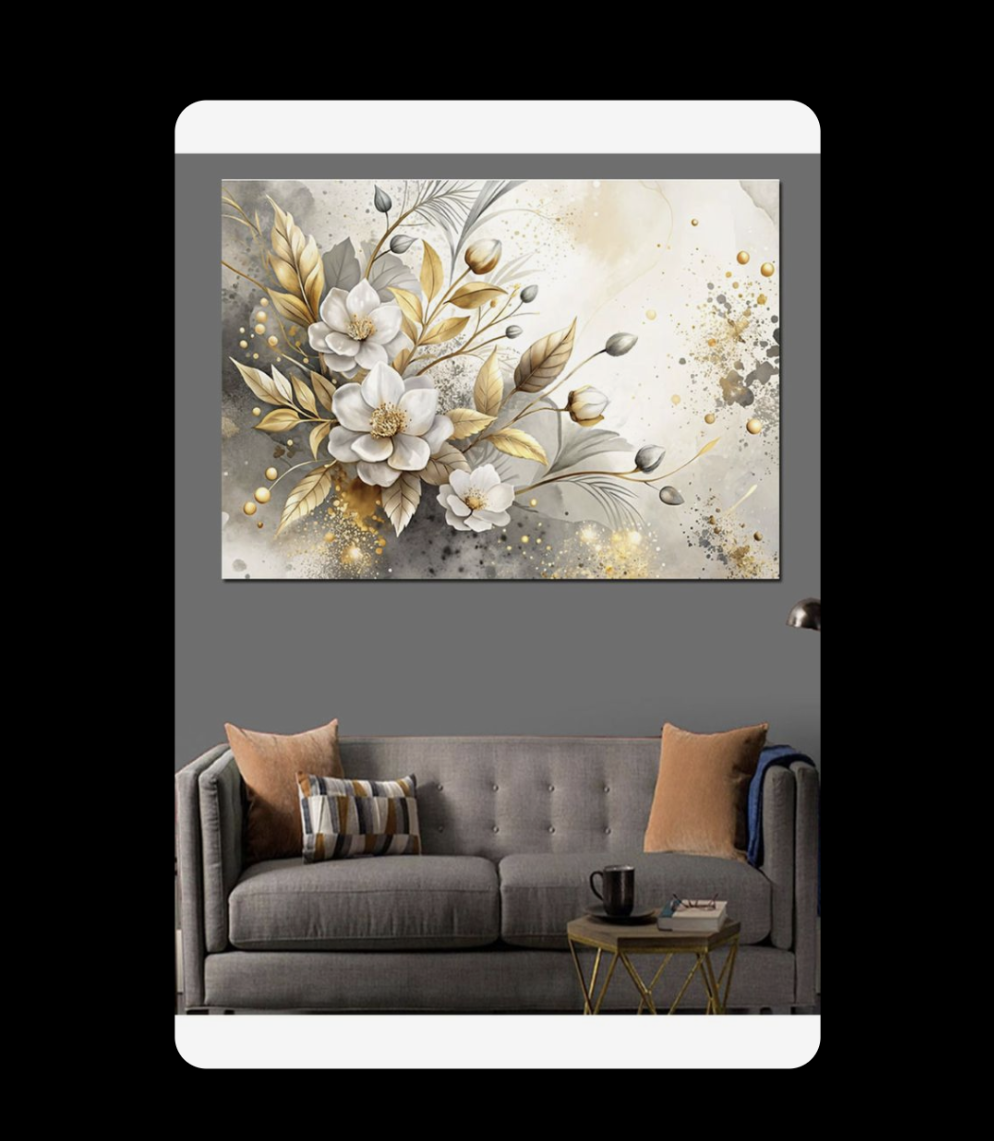 Floral painting above a gray sofa with decorative pillows and a small table.