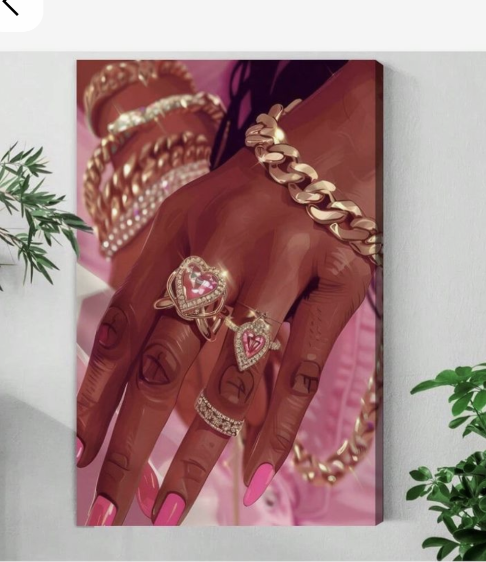 Artistic depiction of a hand wearing multiple rings with a pink background