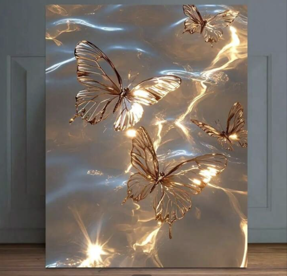 Decorative wall art with butterflies on a reflective surface