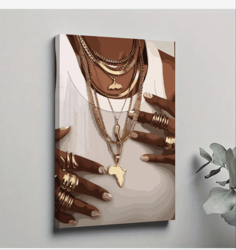 Canvas print of hands wearing gold jewelry on a white wall.