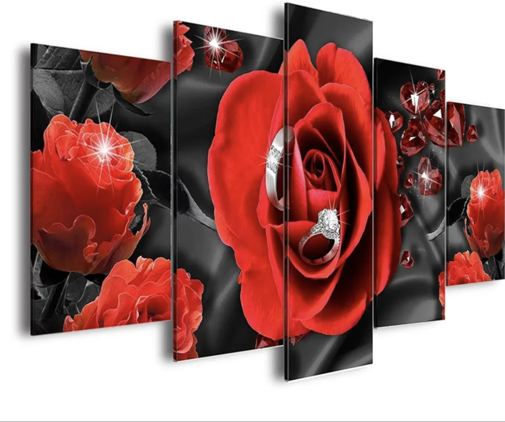 Five-panel wall art featuring red roses and a diamond ring on a black background.