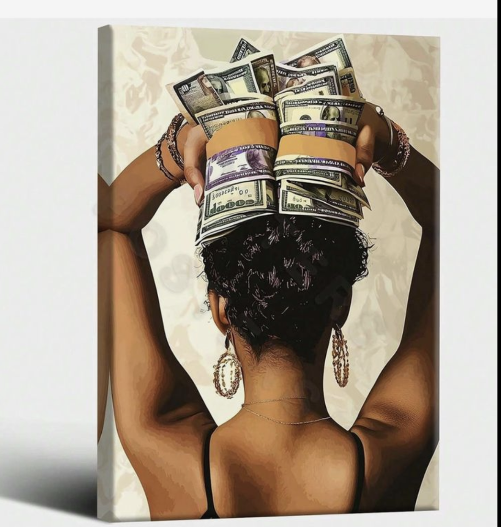 print of a woman holding money on a textured background